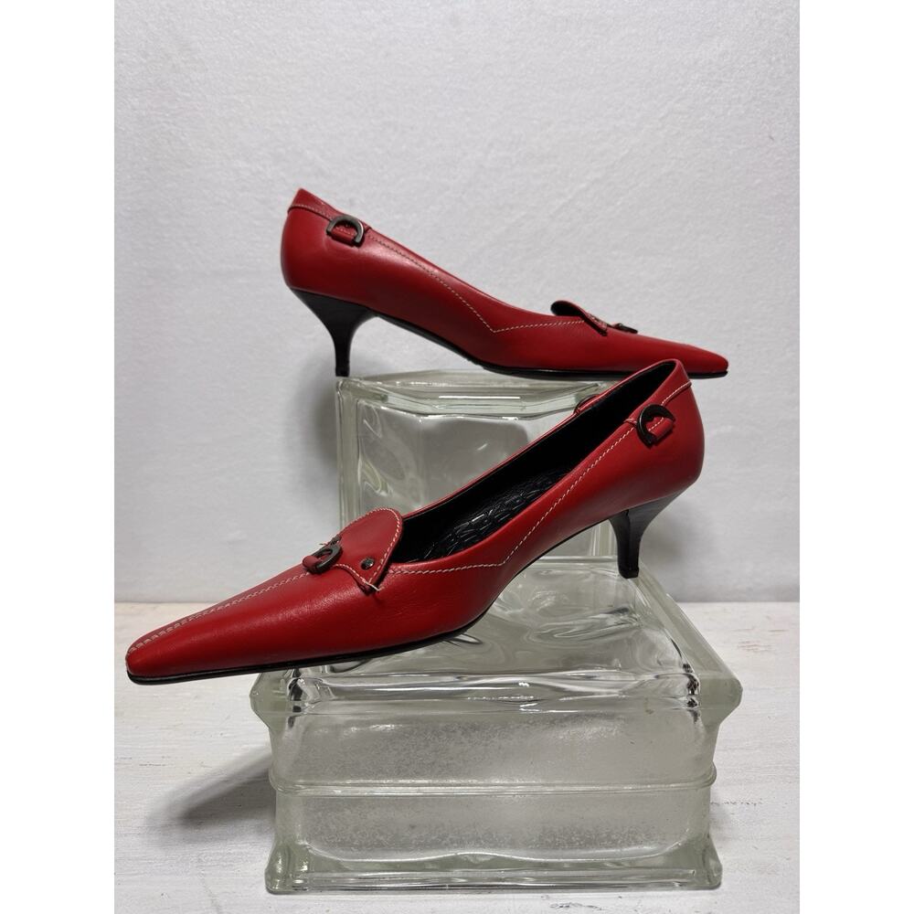 Red Leather Buckle Pumps Pedro Miralles Spain Size 9 Pointed Toe Designer